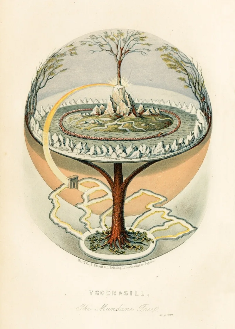 Old coloured print of a great tree inside a globe with the world at its roots