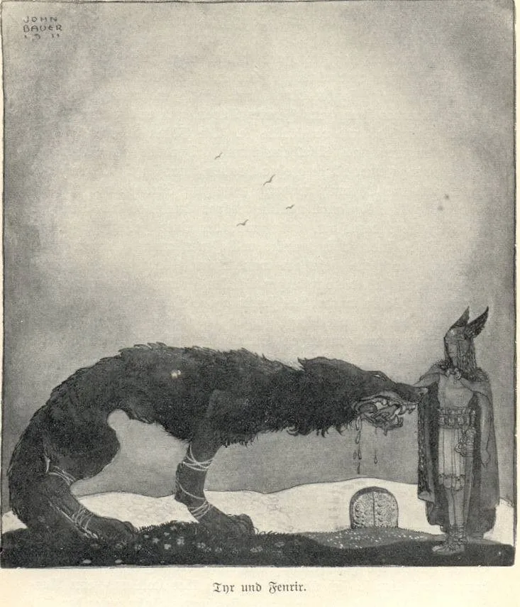 Grey painting of a helmeted warrior standing beside a huge dark wolf