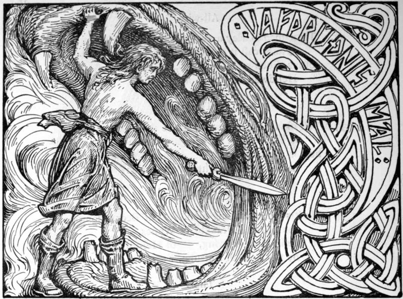 Black and white drawing of a warrior standing in the jaws of a giant wolf, framed with knotwork