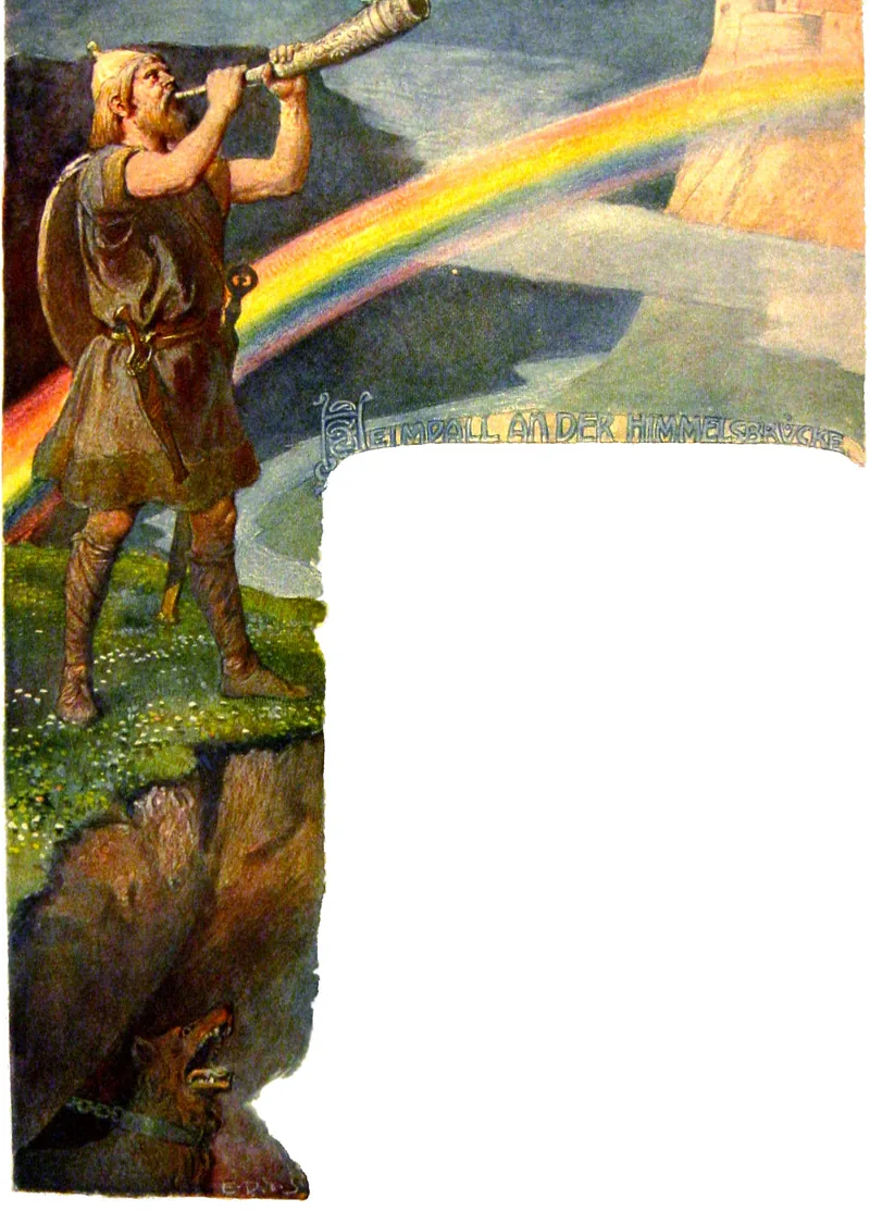 Colour picture of a warrior blowing a long horn beside a rainbow