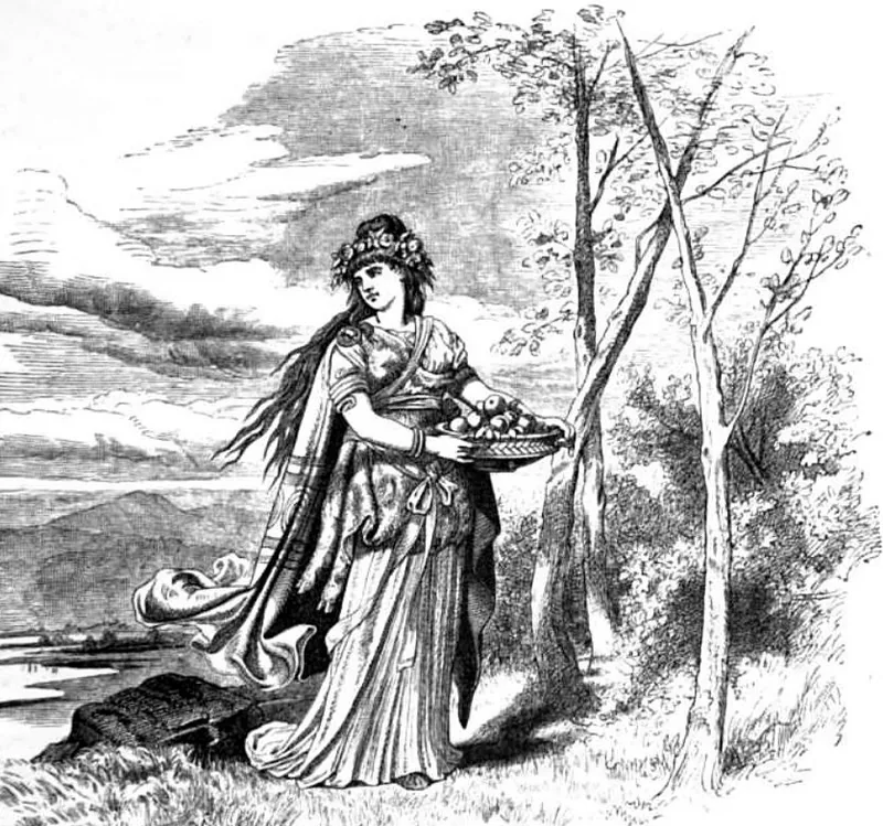 Black and white drawing of a young woman in a long dress carrying a dish of apples among trees