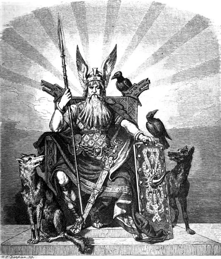 Drawing of a bearded king on a throne with a spear, two wolves at his feet and two ravens on his shoulders