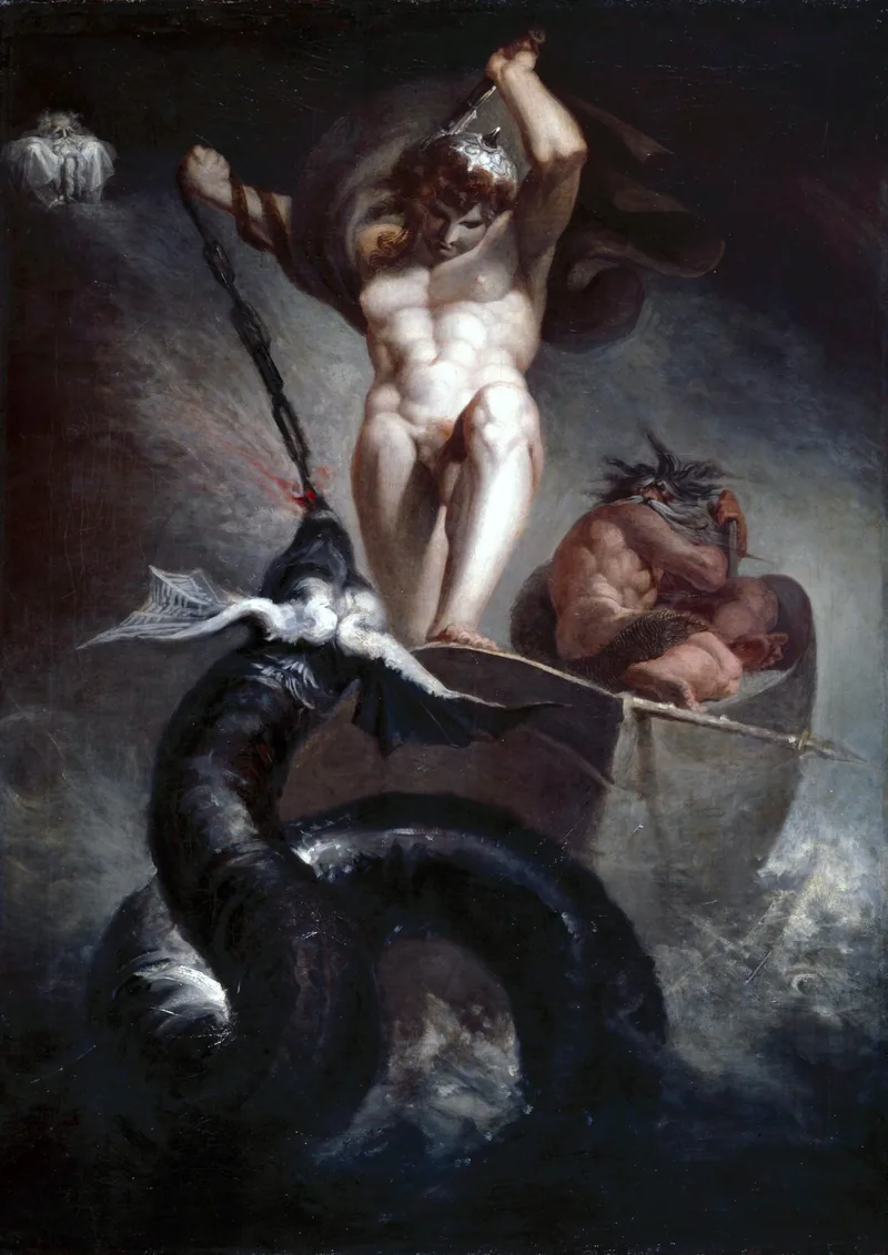 Painting of a muscular man in a boat raising a hammer over a huge serpent rising from dark water