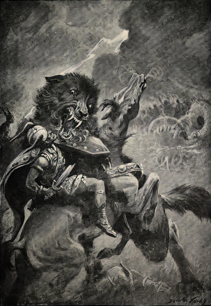 Dark, stormy illustration of Odin fighting the great wolf Fenris