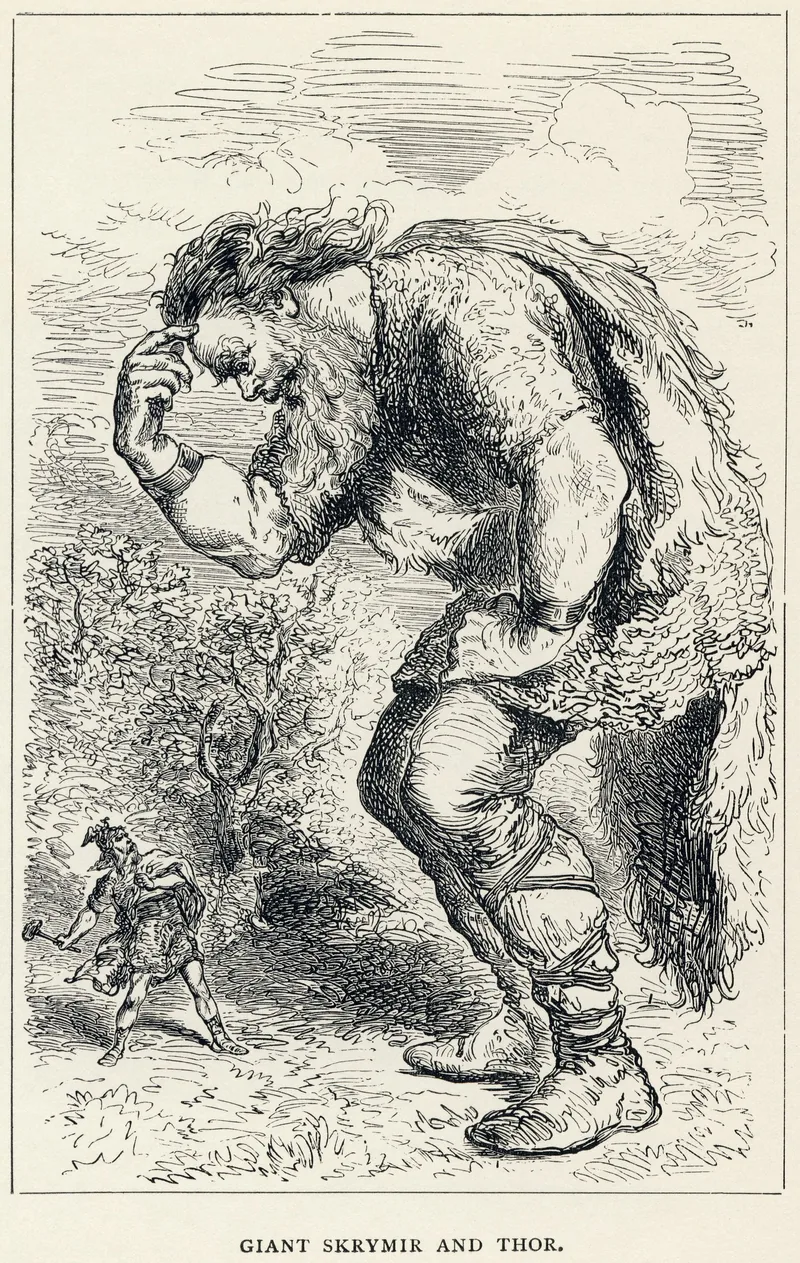 Black and white drawing of a huge bearded giant striding along, with Thor small beside him