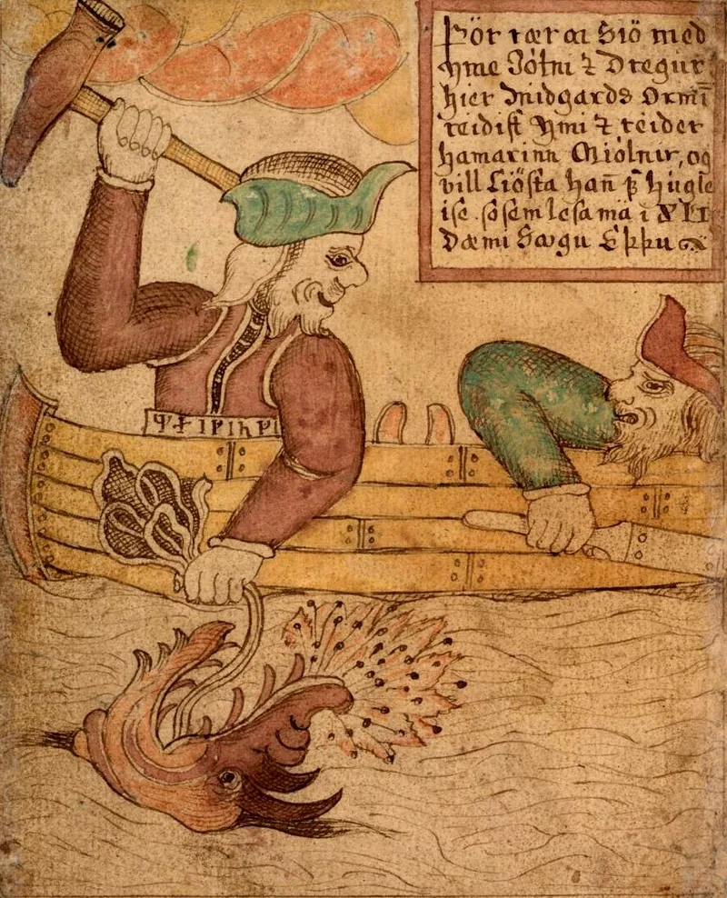 Colour manuscript picture of Thor and the giant Hymir in a boat, with the serpent on Thor’s line below